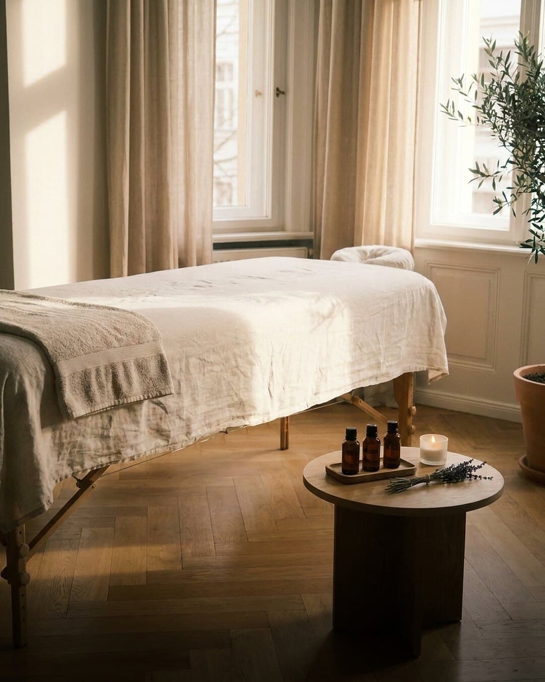 Heller Altbauraum mit Massageliege unter Leinentuch, daneben ein runder Holztisch mit Ölfläschchen, Kerze und Lavendel